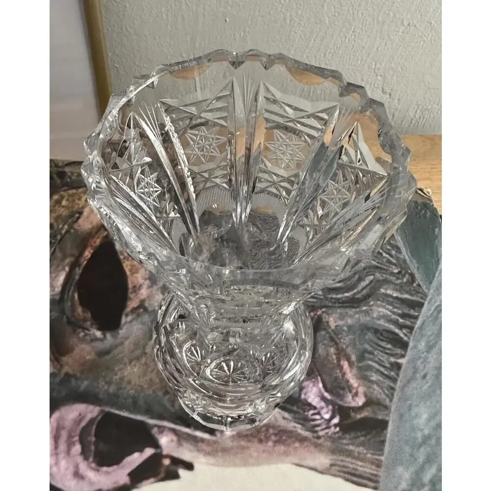 Vintage Etched Clear Cut Crystal Lead Vase Hand Cut Heavy Weight